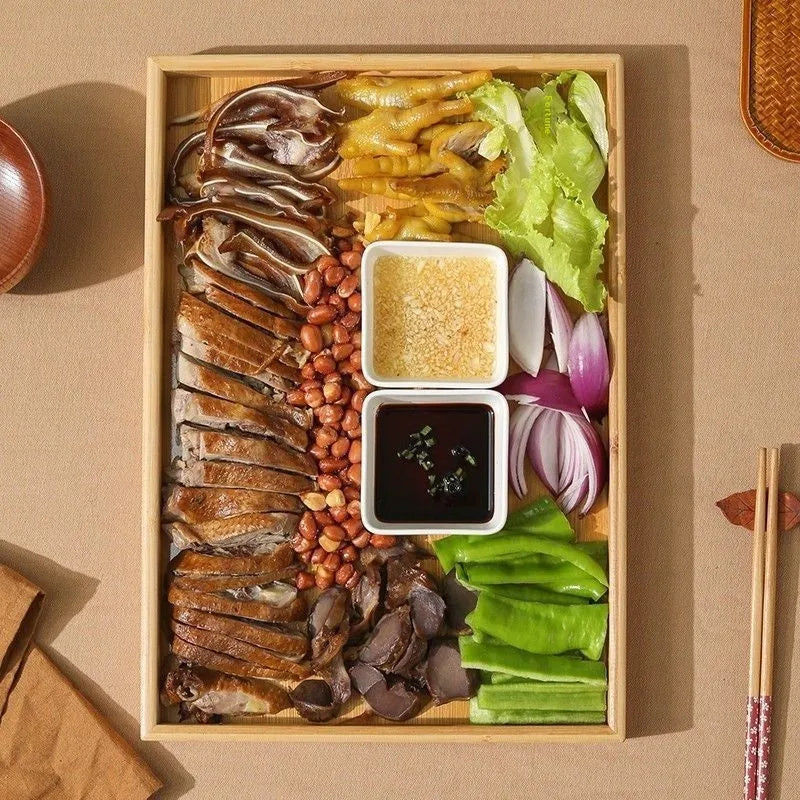 Square bamboo serving tray with brown handle for hotel and coffee shop use