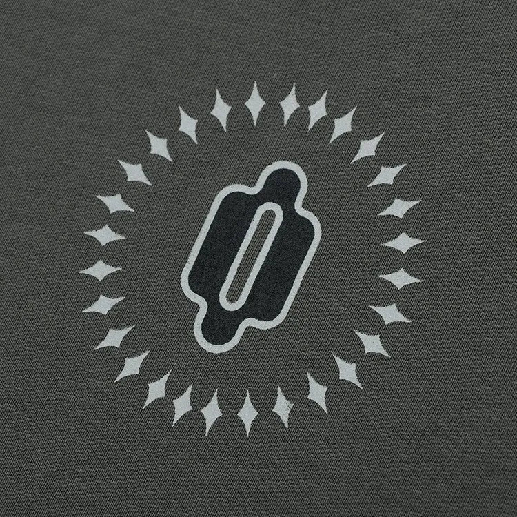 A man's grey khaki cotton pullover with drop shoulders, long sleeves, a round neck, and a printed letters pattern.