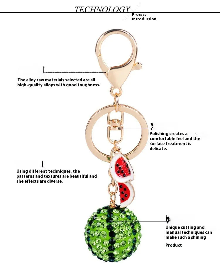 Green watermelon shaped zinc alloy keychain measuring 12cm