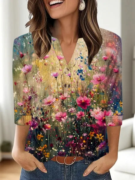 Women's casual V-neck t-shirt with 3D printed pattern showing loose-fit Asian sizing