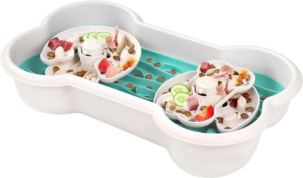 Large green slow feeder dog bowl with three rotating puzzle trays and non-slip suction cups on base