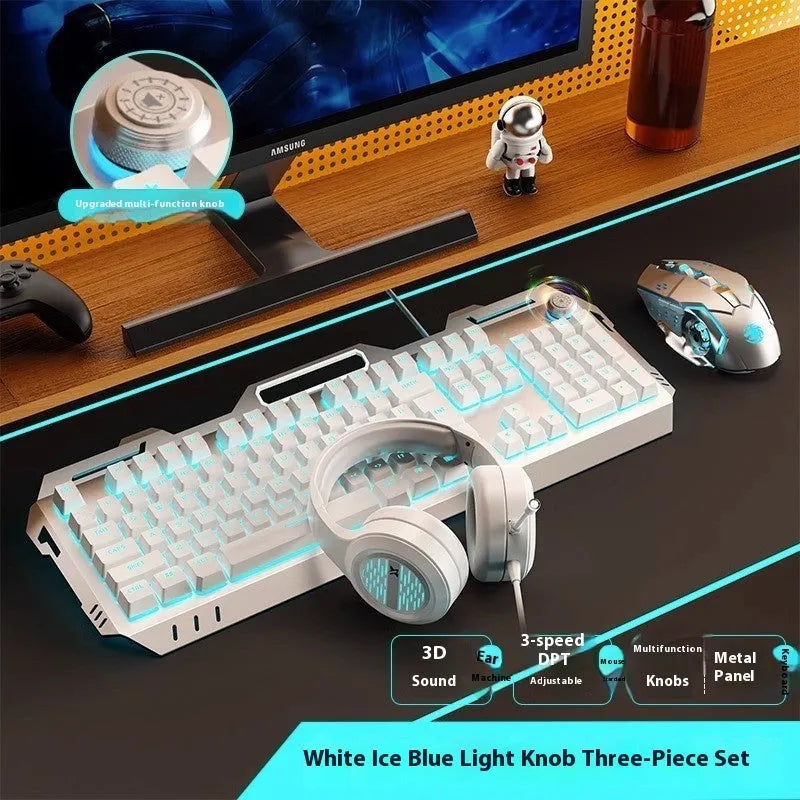 Aluminium gaming keyboard with volume knob, shown in metal grey with RGB lighting alongside optional macro mouse and headset.