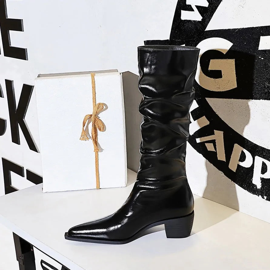 Women's over-the-knee boots black patent leather chunky heel wrinkled surface cotton lining