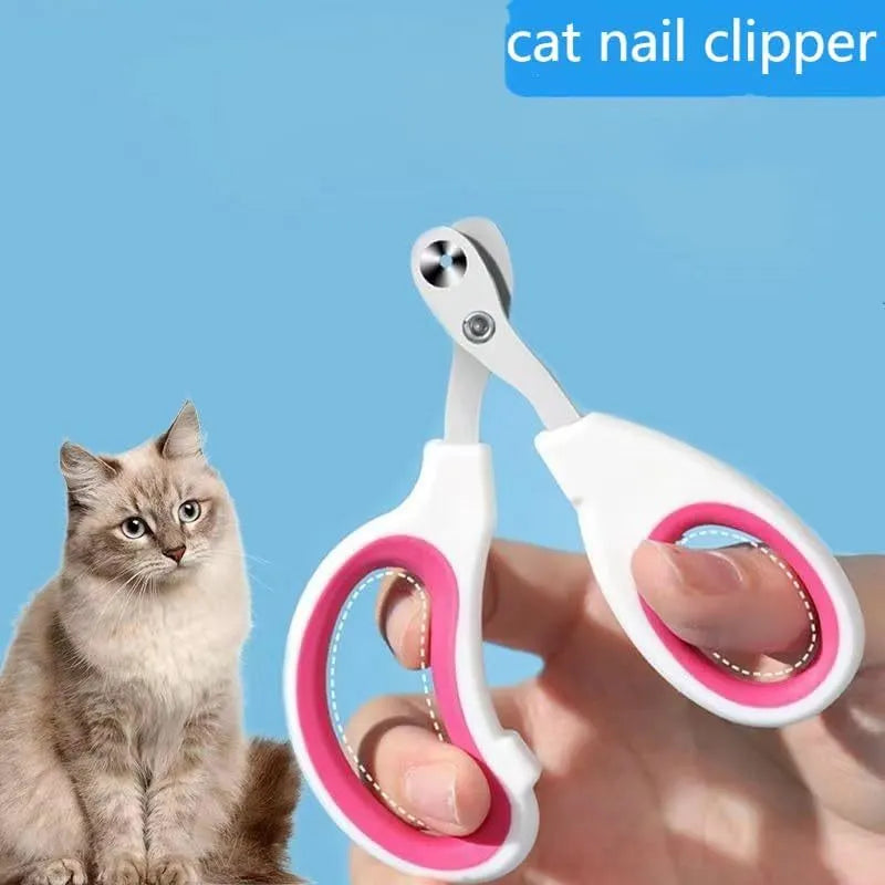 Blue pet nail clippers with circular cutting hole and cushioned non-slip handles on a white background.