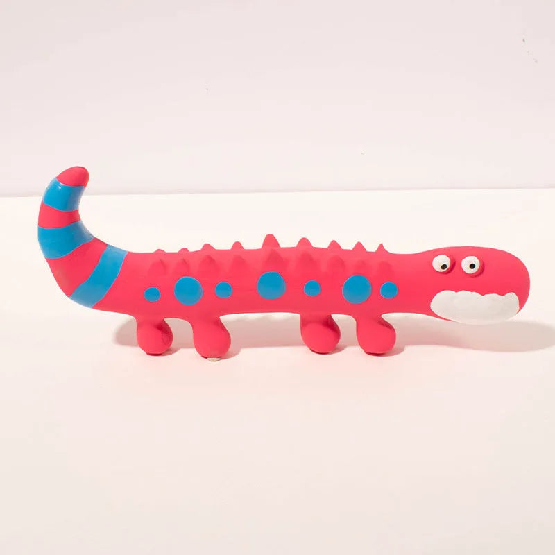Green lizard-shaped squeaky dog chew toy with cartoon design for aggressive chewers