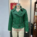 Punk style short jacket with a Peter Pan collar and drawstring waist in black, blue, or green.