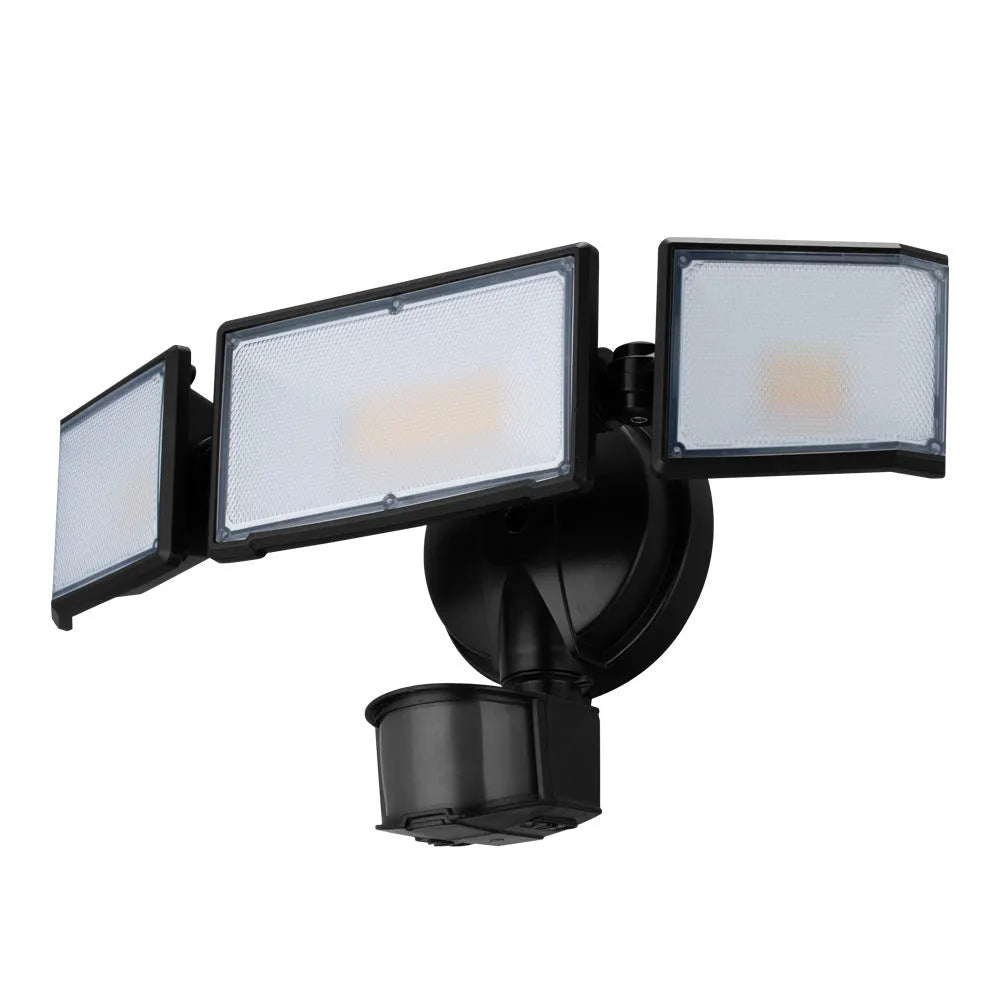 White 120V LED motion sensor security flood light with wall mount bracket