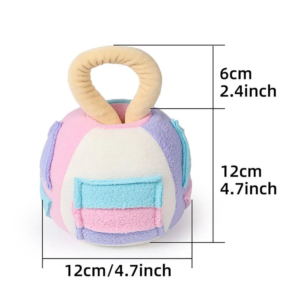 Green plush squeaky ball dog toy with treat pockets on a white background