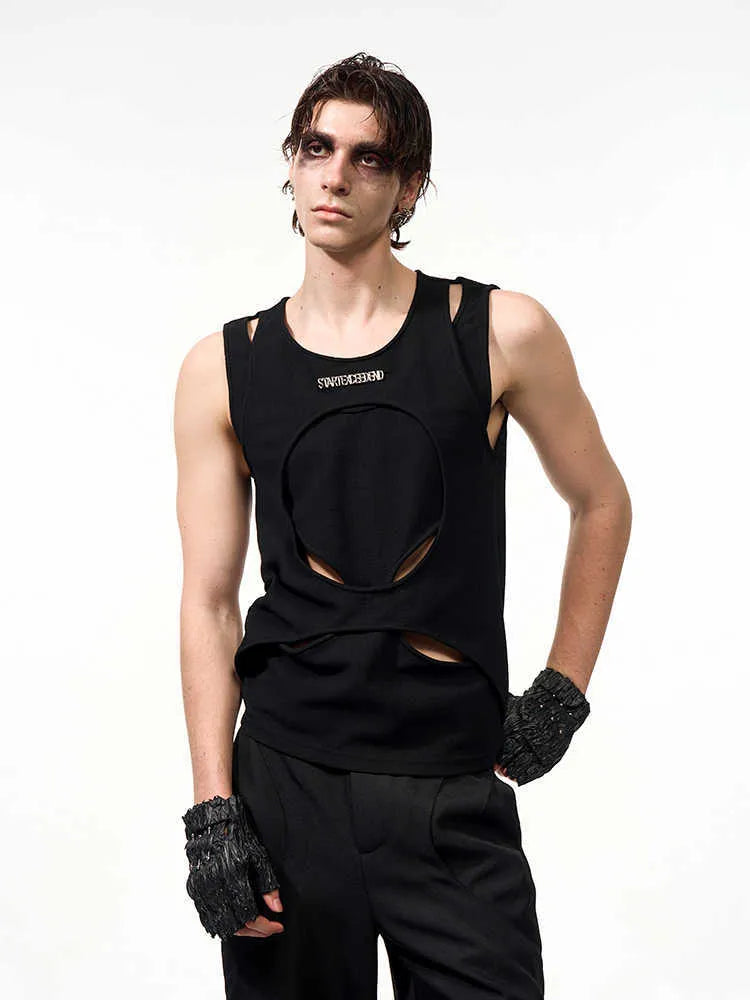 Men's white hollow knit sleeveless waistcoat vest with round neck pullover design