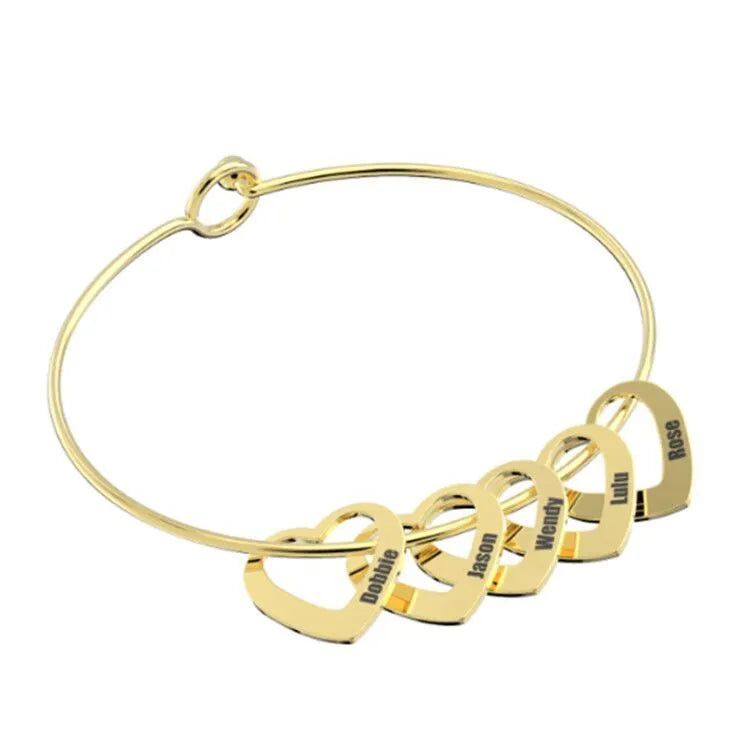 Love bracelet with peach heart charm and name lettering in stainless steel, silver colour