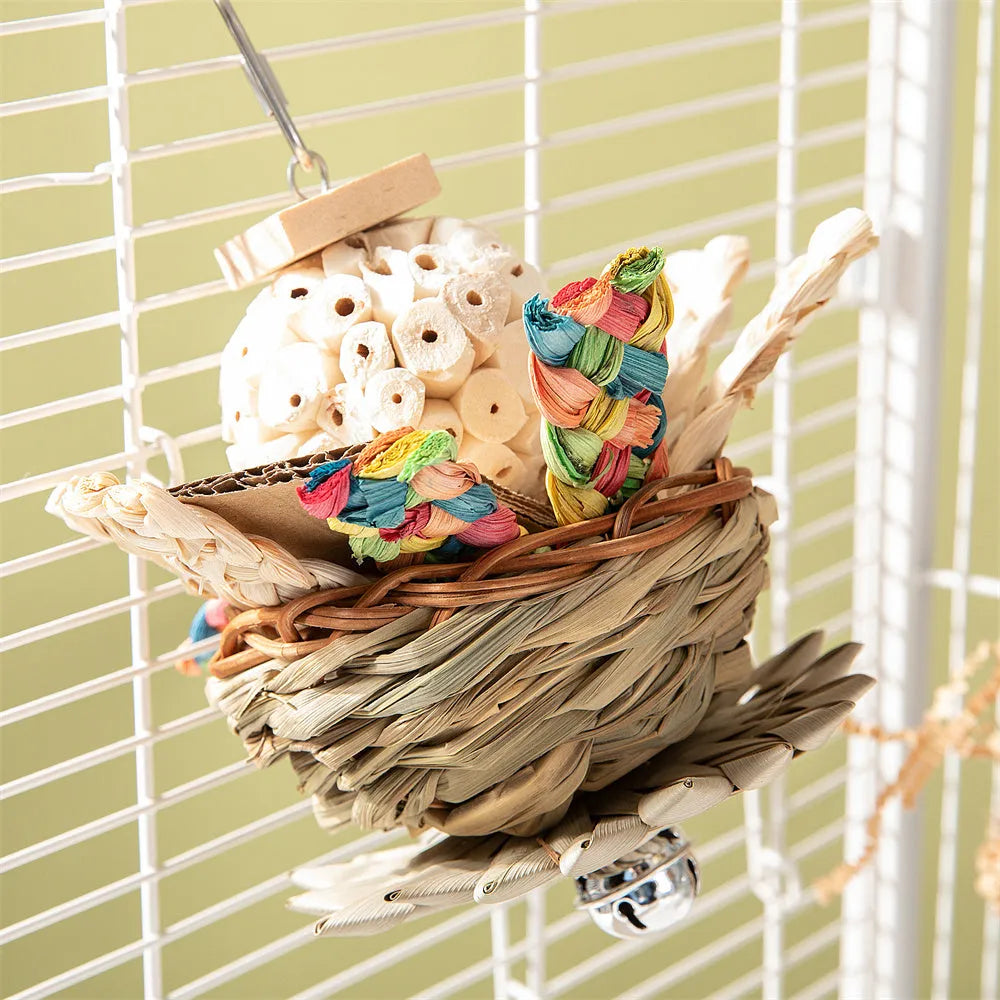 Set of three bird chewing toys for parrot gnawing and molar activities