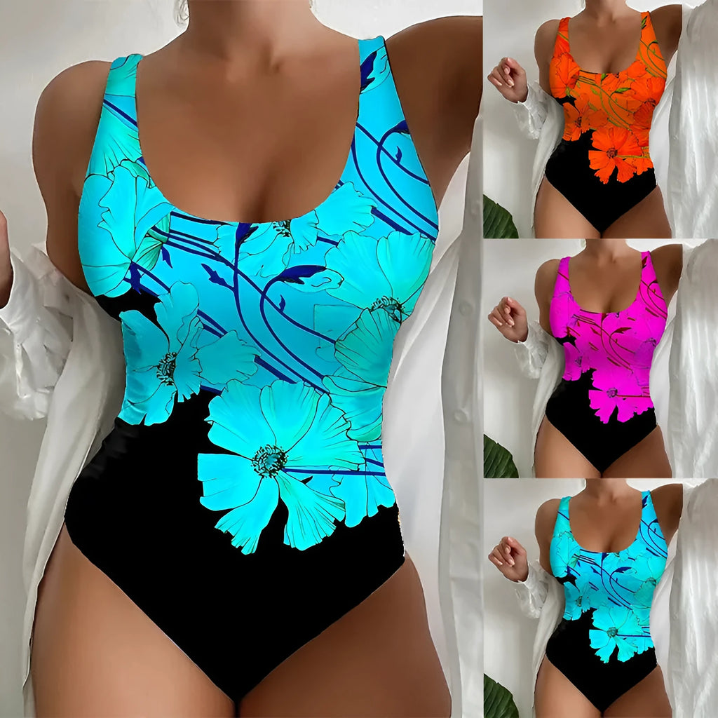 Women's 3D printed one-piece swimsuit in orange red, sky blue, or purple.