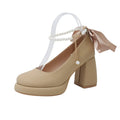 Women's Mary Jane shoes with ankle-strap buckle and chunky heel in beige, black, or milk tea colour