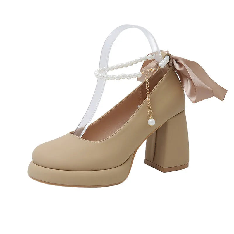 Women's Mary Jane shoes with ankle-strap buckle and chunky heel in beige, black, or milk tea colour