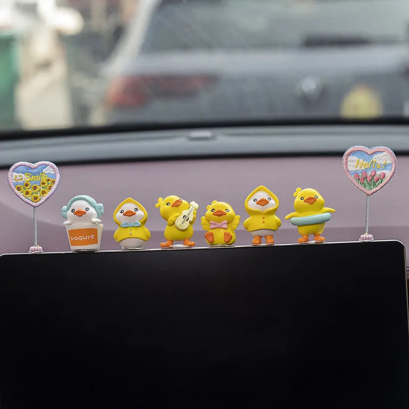 PVC cartoon duckling car decoration set with six ducks and welcome sign for dashboard