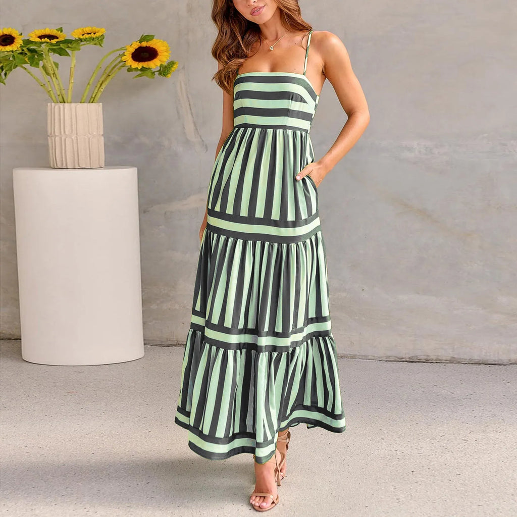 Women's striped backless summer dress with suspender straps and side pockets in polyester spandex fabric