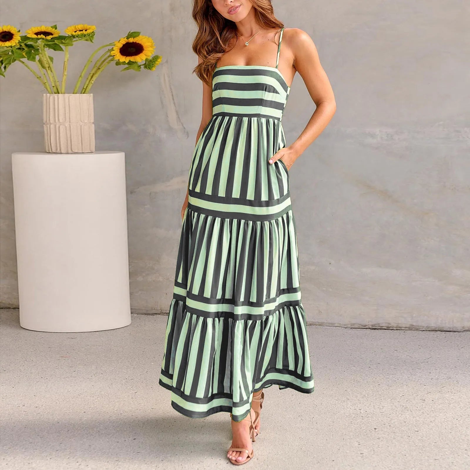 Women's striped backless summer dress with suspender straps and side pockets in polyester spandex fabric