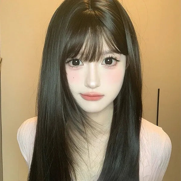 Dark brown women's wig with long straight hair and bangs for round face shapes