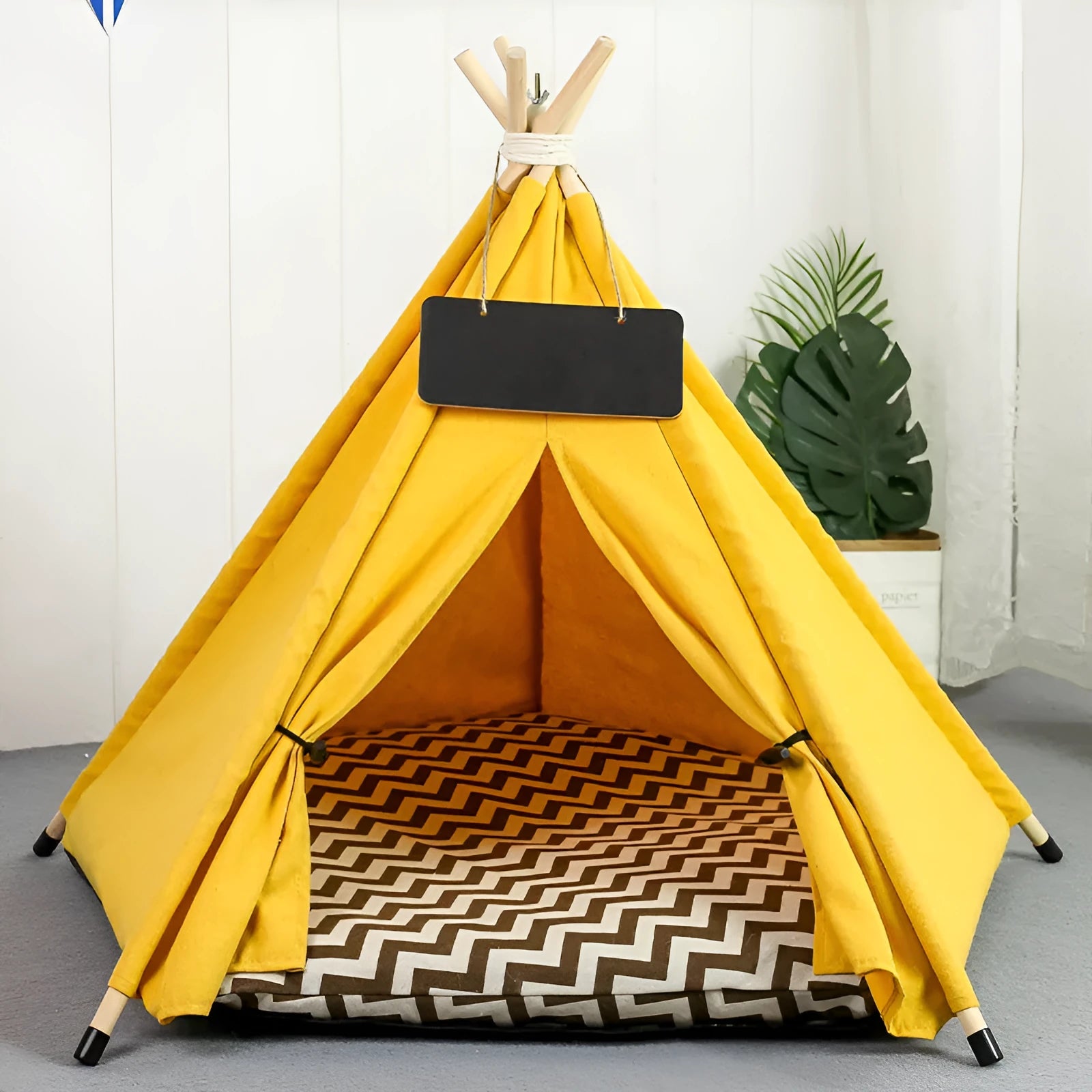 White and yellow striped flax linen pet teepee tent bed with cushion for small dogs or cats.