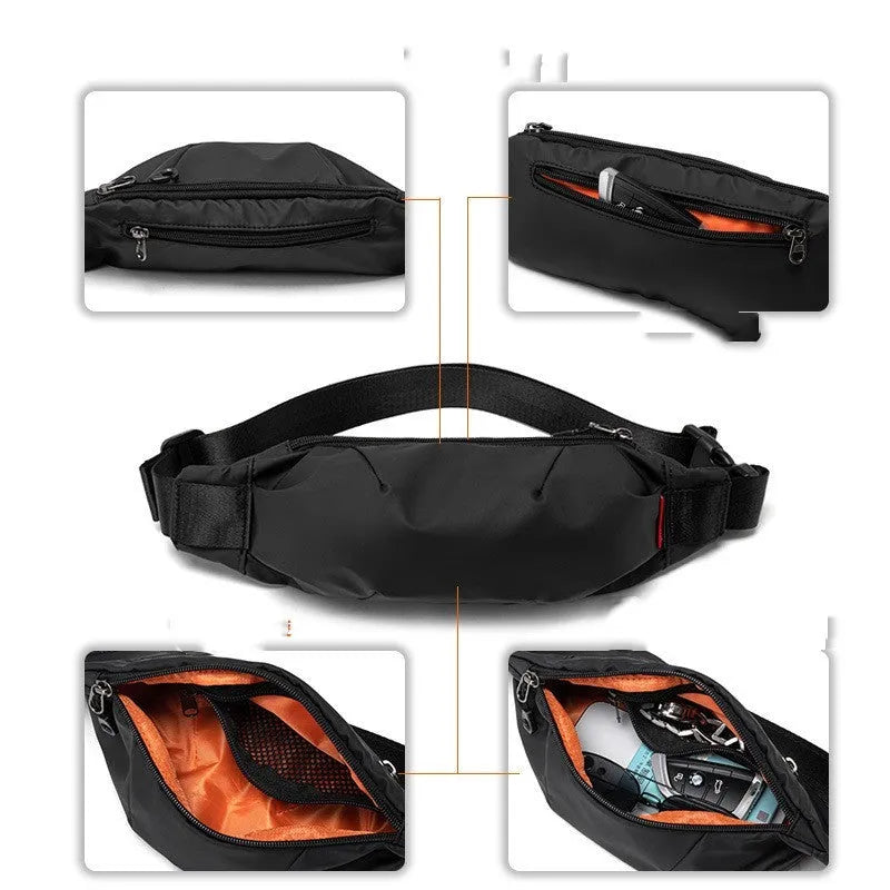 Black oxford cloth men's waist pack with crossbody strap, showing phone and ID pockets.