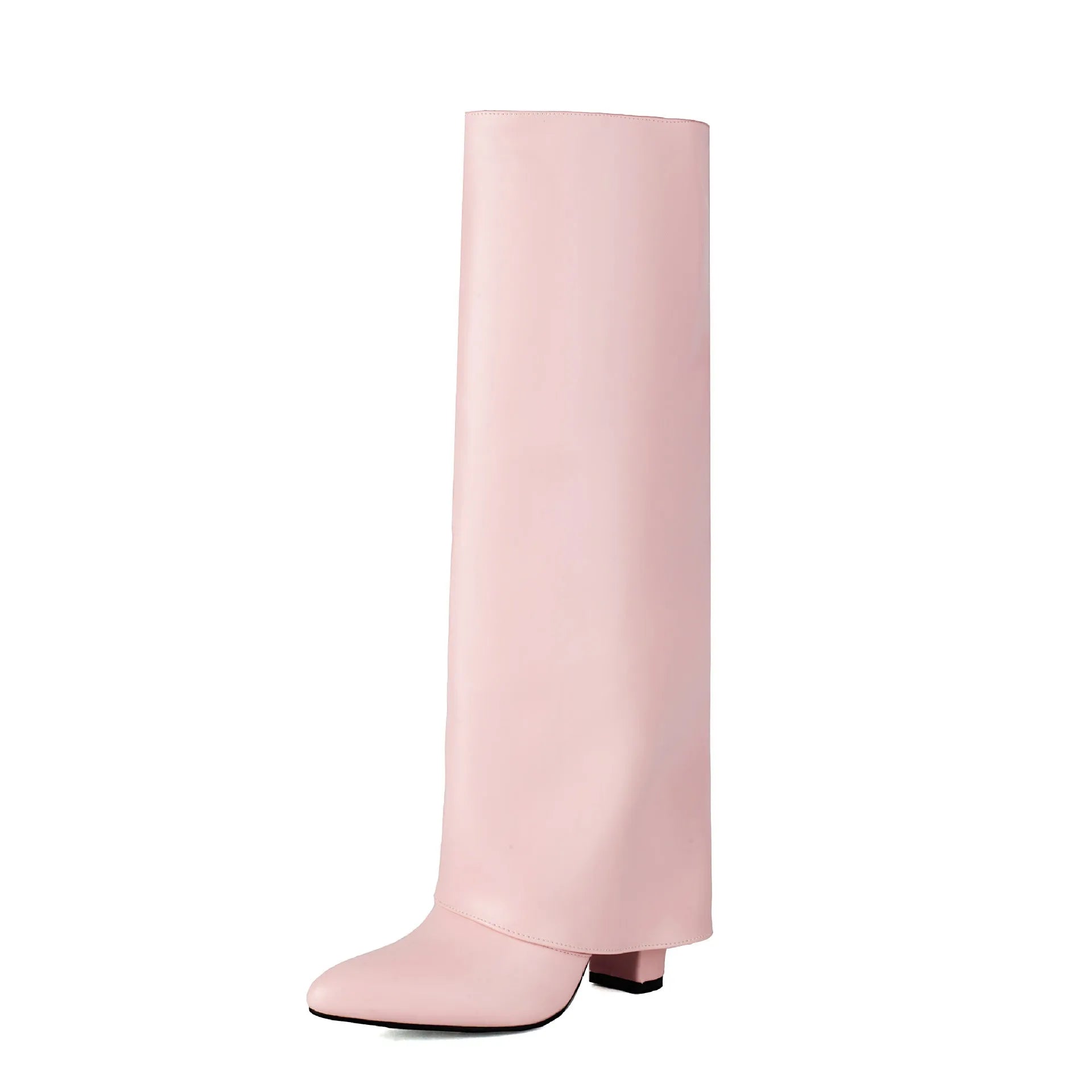 Women's plus size high heel winter boots in black PU leather with sewing line details