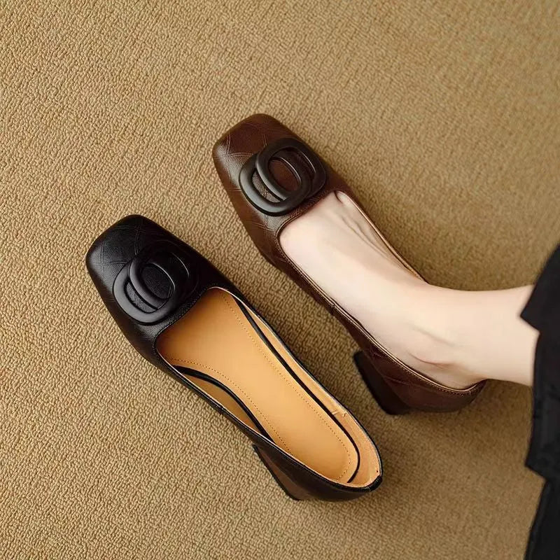 Women's sheepskin shallow mouth flat bottom chunky heel pumps in black and light brown, square toe