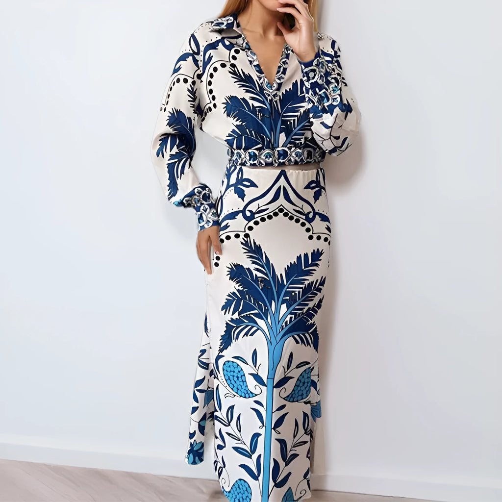 Women's casual co-ord set with long sleeve top and matching long skirt in picture colour