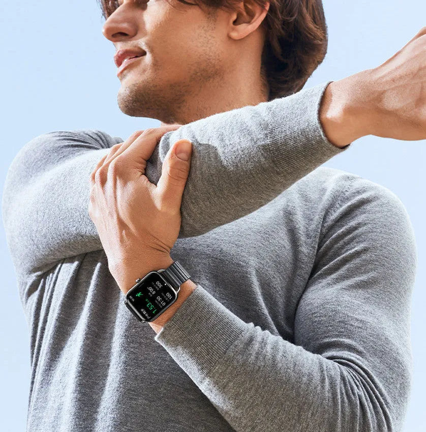HAYLOU RS4 Plus smartwatch in Black, Champagne, or Silver on wrist showing AMOLED display.