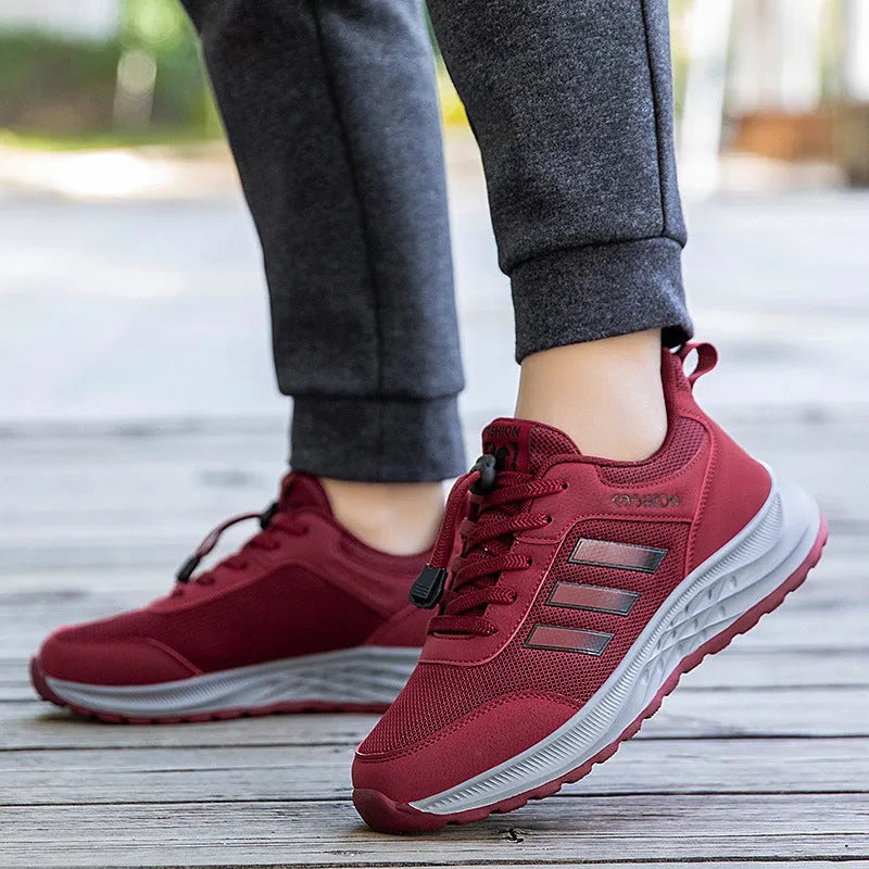Men's and women's breathable mesh mom shoes with elastic band and non-slip sole in various colours.