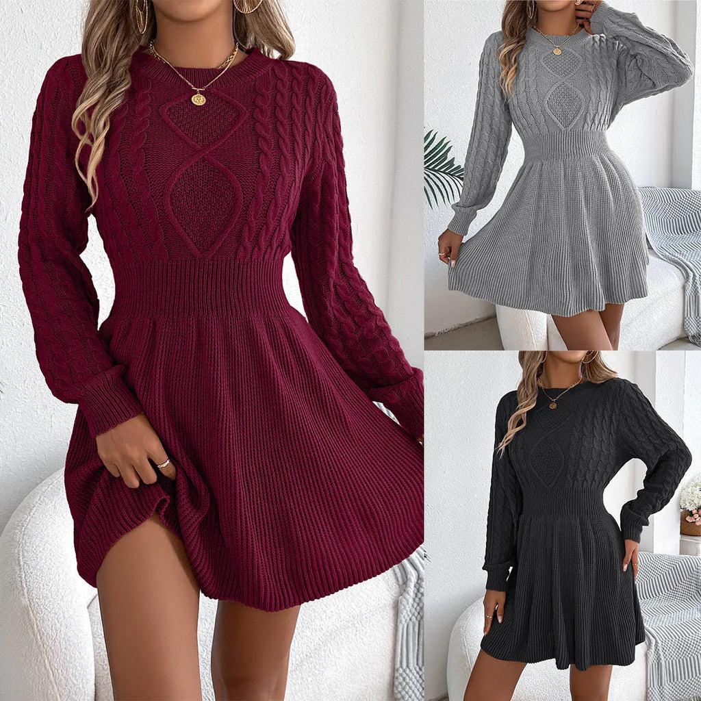 Women's artificial fur sweater dress with twist waist and lantern sleeves in wine red
