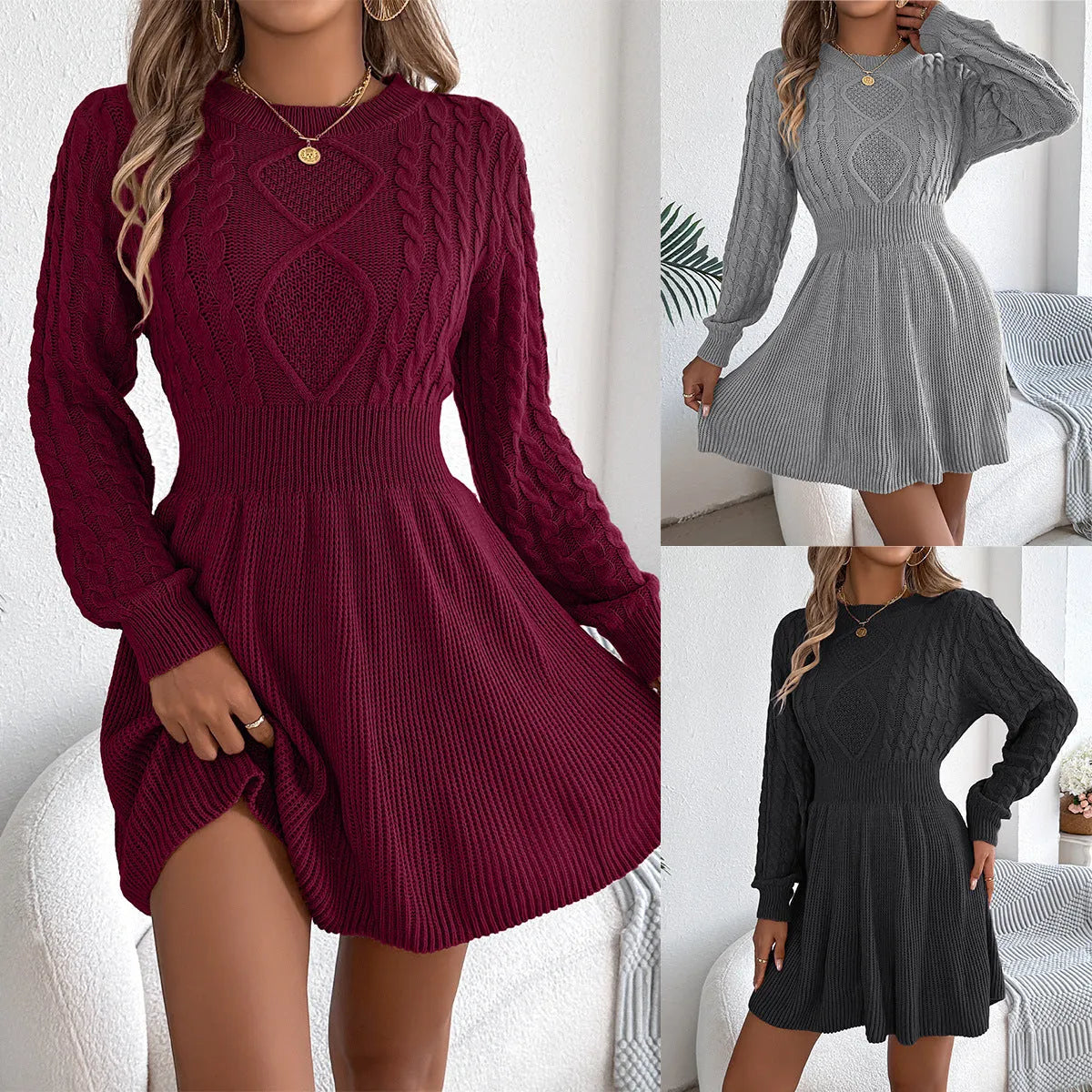 Women's artificial fur sweater dress with twist waist and lantern sleeves in wine red