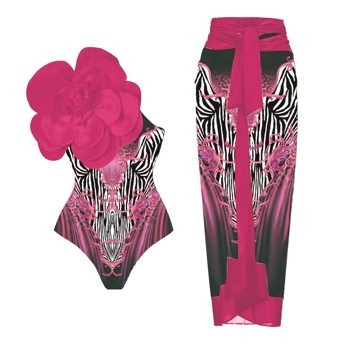 Women's floral print one-piece swimsuit with optional wrapped skirt