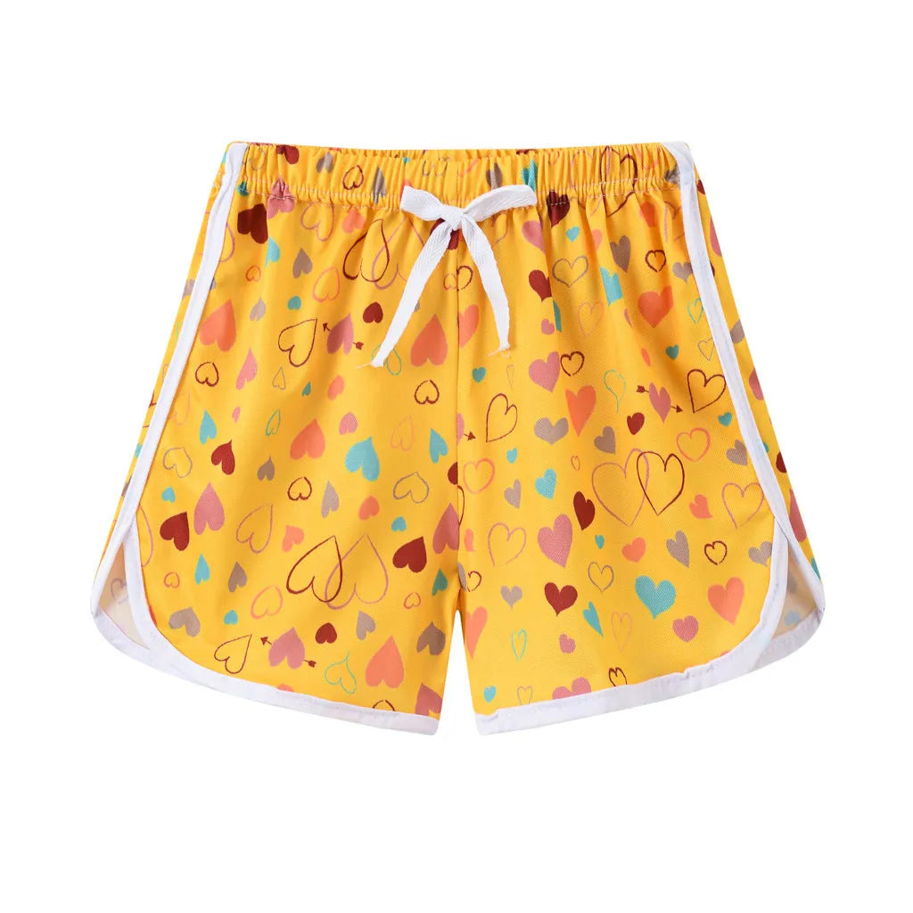 Children's casual polyester shorts in multiple colours including pink, leopard print and striped patterns