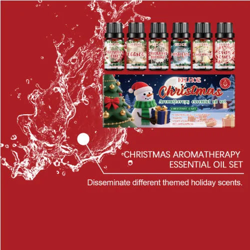 Christmas aromatherapy oil suite showing six 10ml bottles for home fragrance and air freshening
