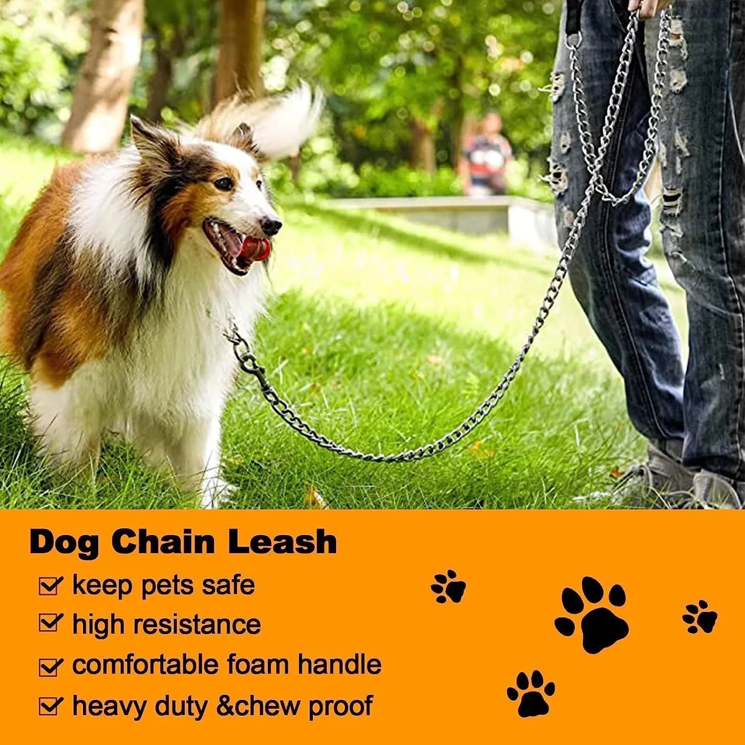 Heavy duty chrome metal dog leash chain with a black soft padded handle.