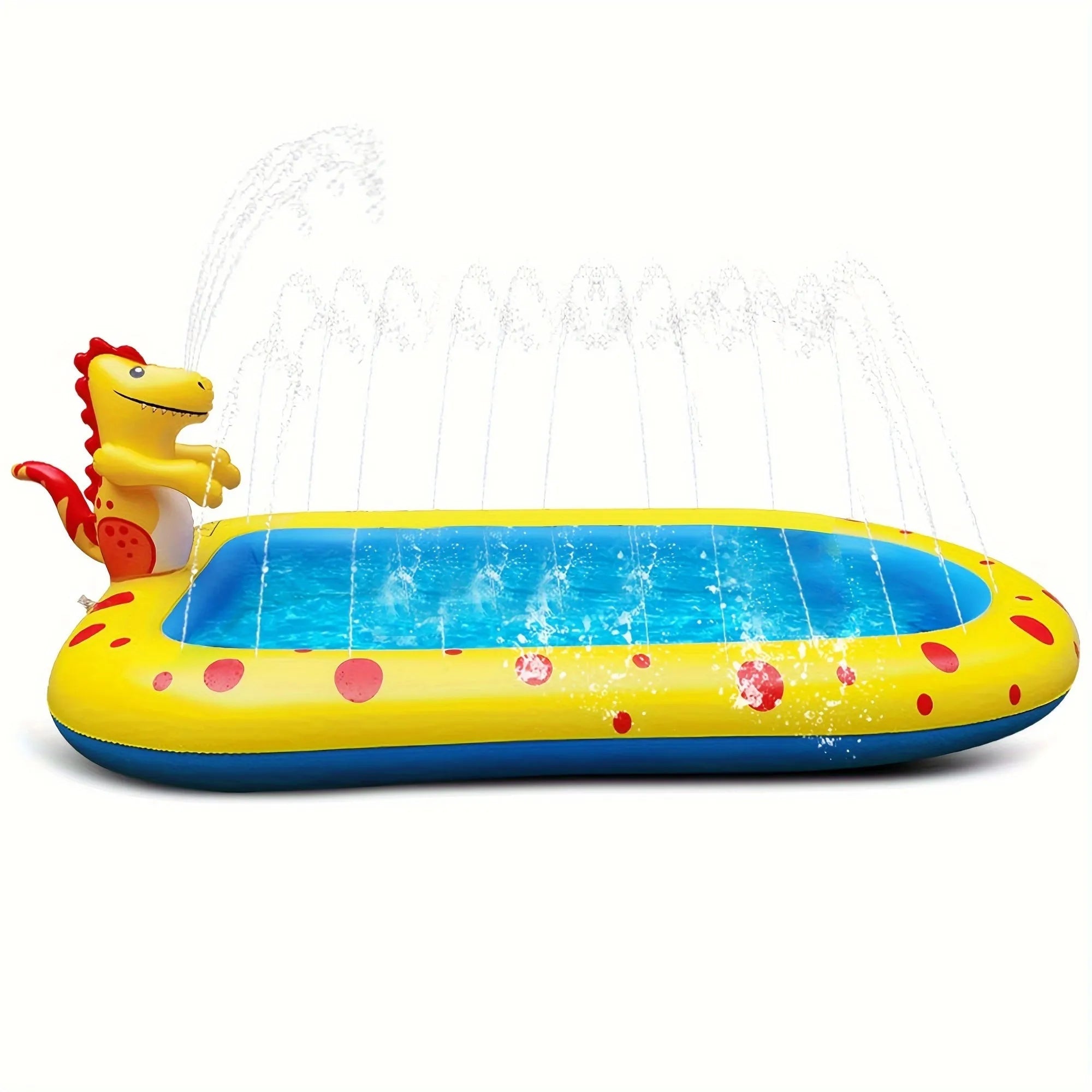 Blue dinosaur water spray pool mat with shark graphics measuring 170x105cm
