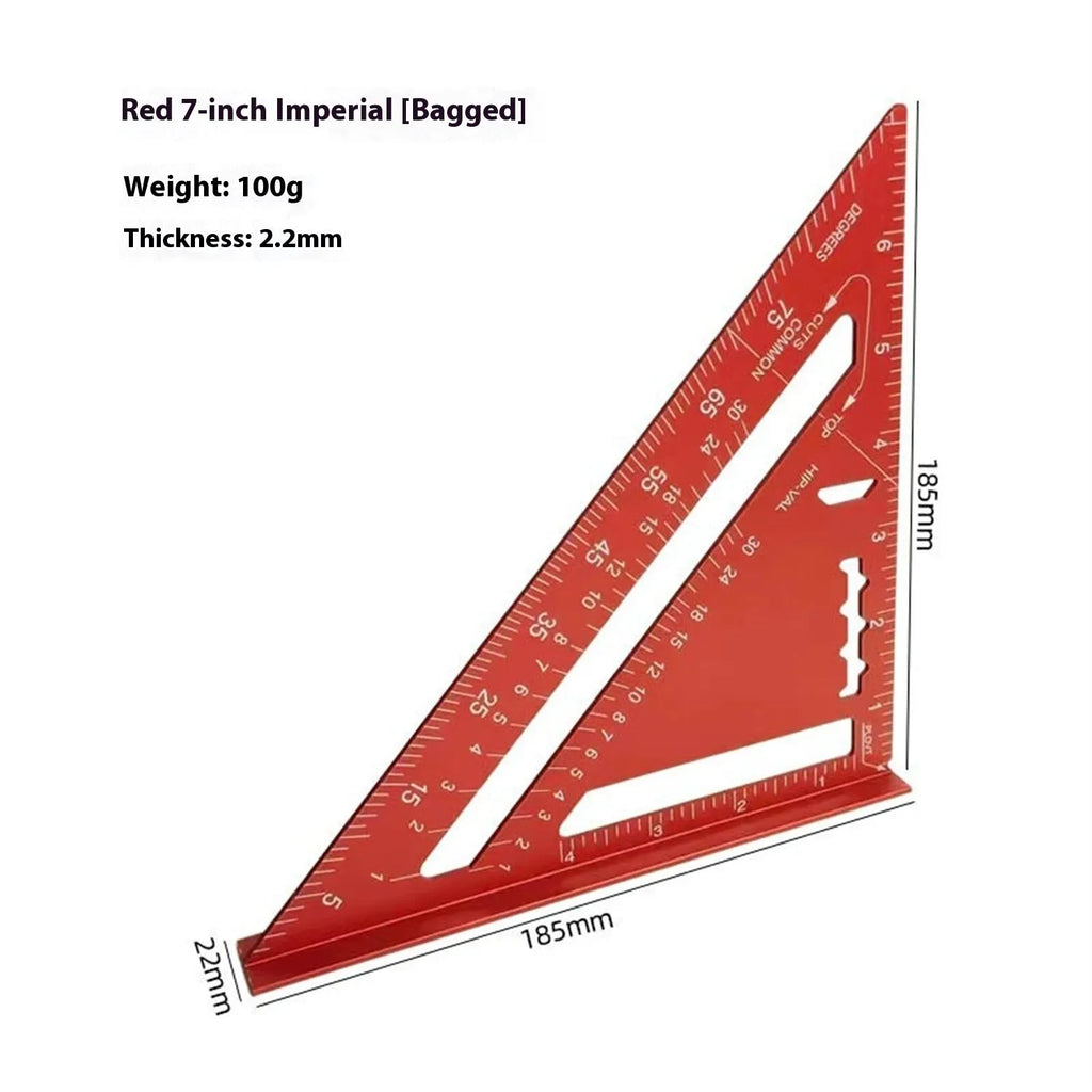Red 7-inch metal combination angle ruler and a separate metric base ruler in a transparent bag.
