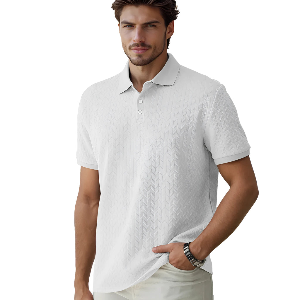 Men's solid colour jacquard short sleeve polo shirt in polyester fabric with collar, five colours available