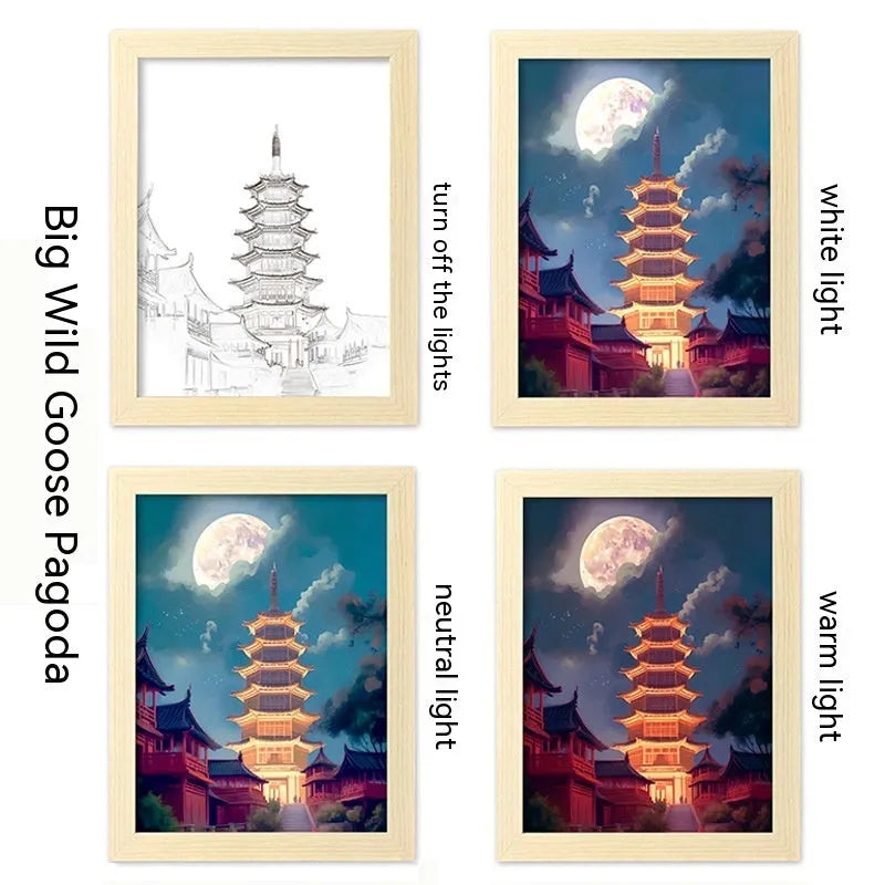USB LED luminous picture frame night lamp showing illuminated landscape design in modern plastic frame