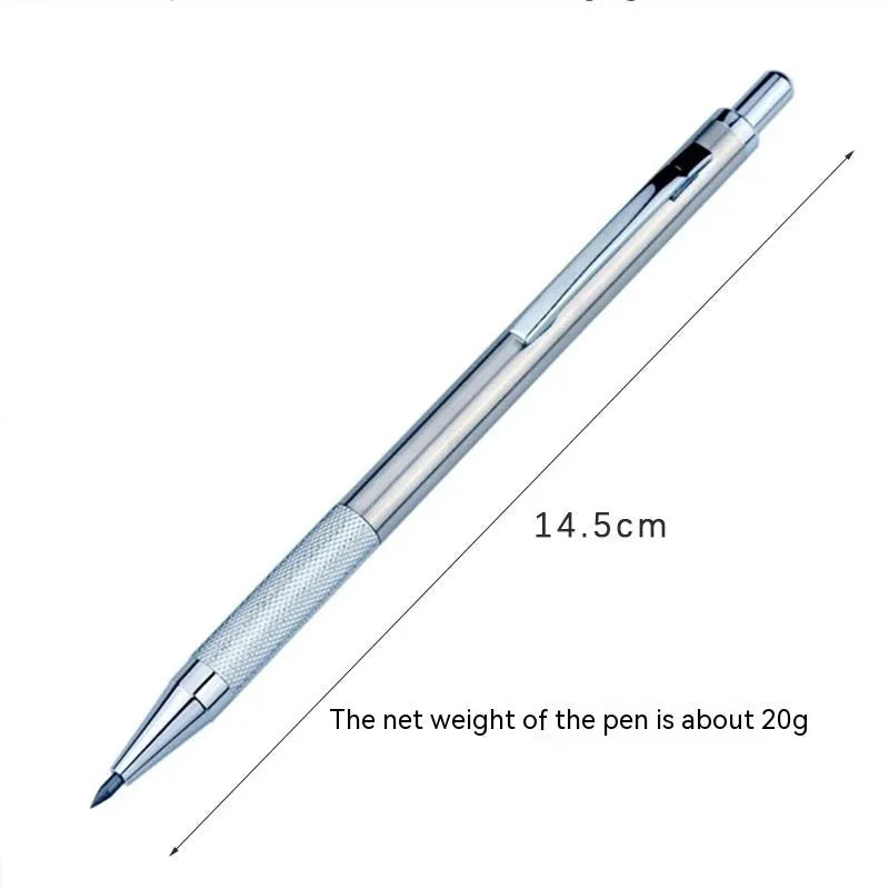 Metal automatic mechanical pencil on a surface, shown with multiple lead size indicators including 0.5mm and 2.0mm.