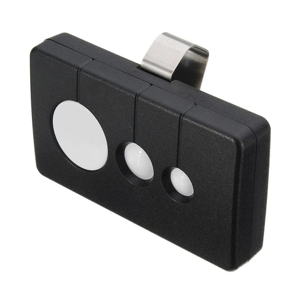 Black plastic three-button garage door remote control for LiftMaster openers.