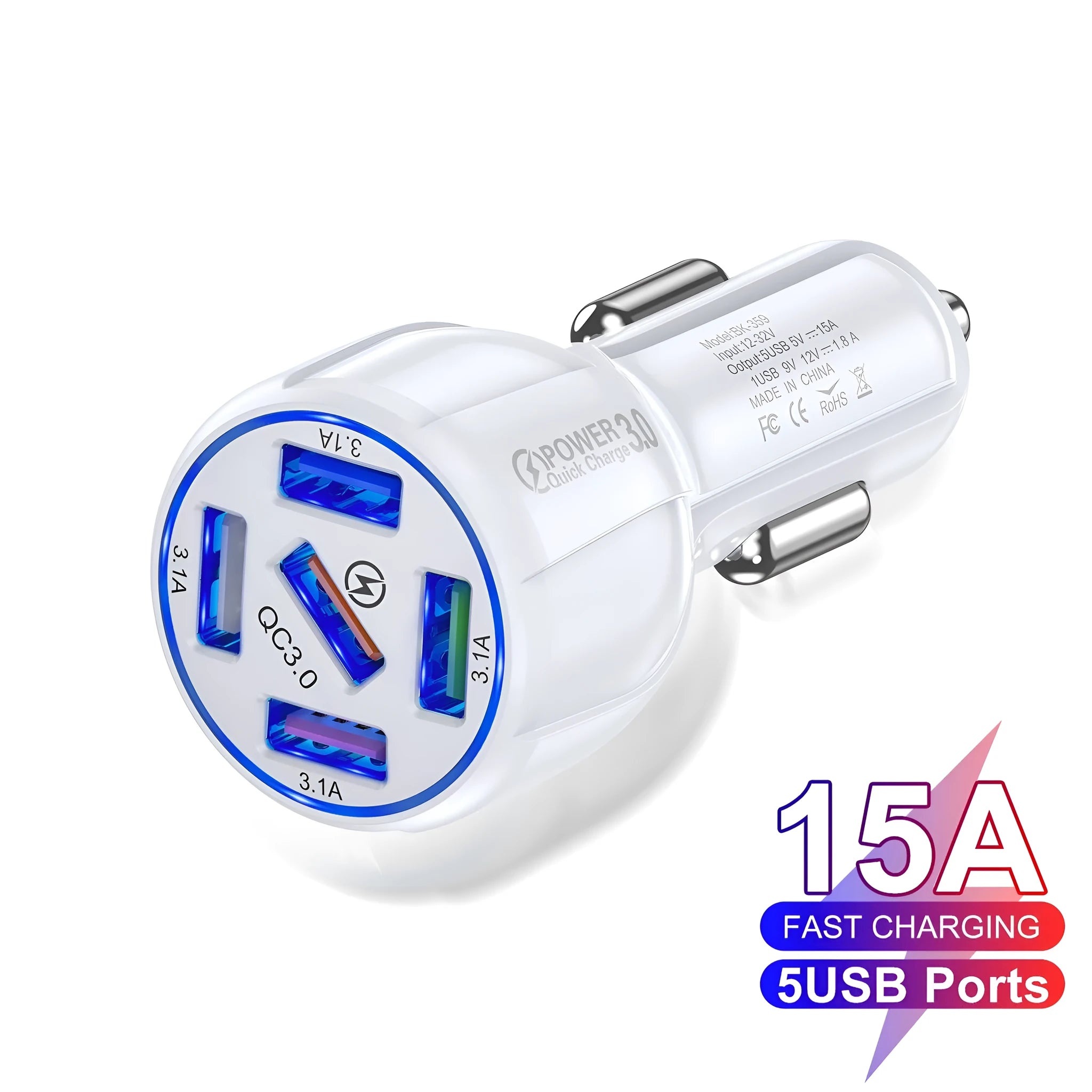 5-port 15A QC3.0 USB car charger for fast multi-device charging in vehicle