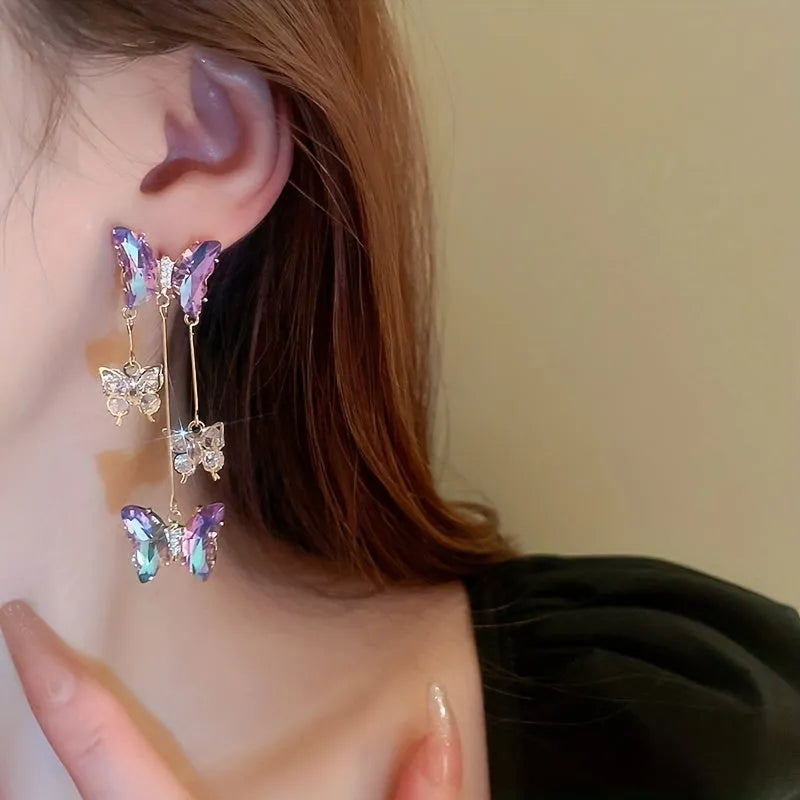 Silver needle crystal flowers butterfly tassel earrings in 33# silver needle-blue purple butterfly colour