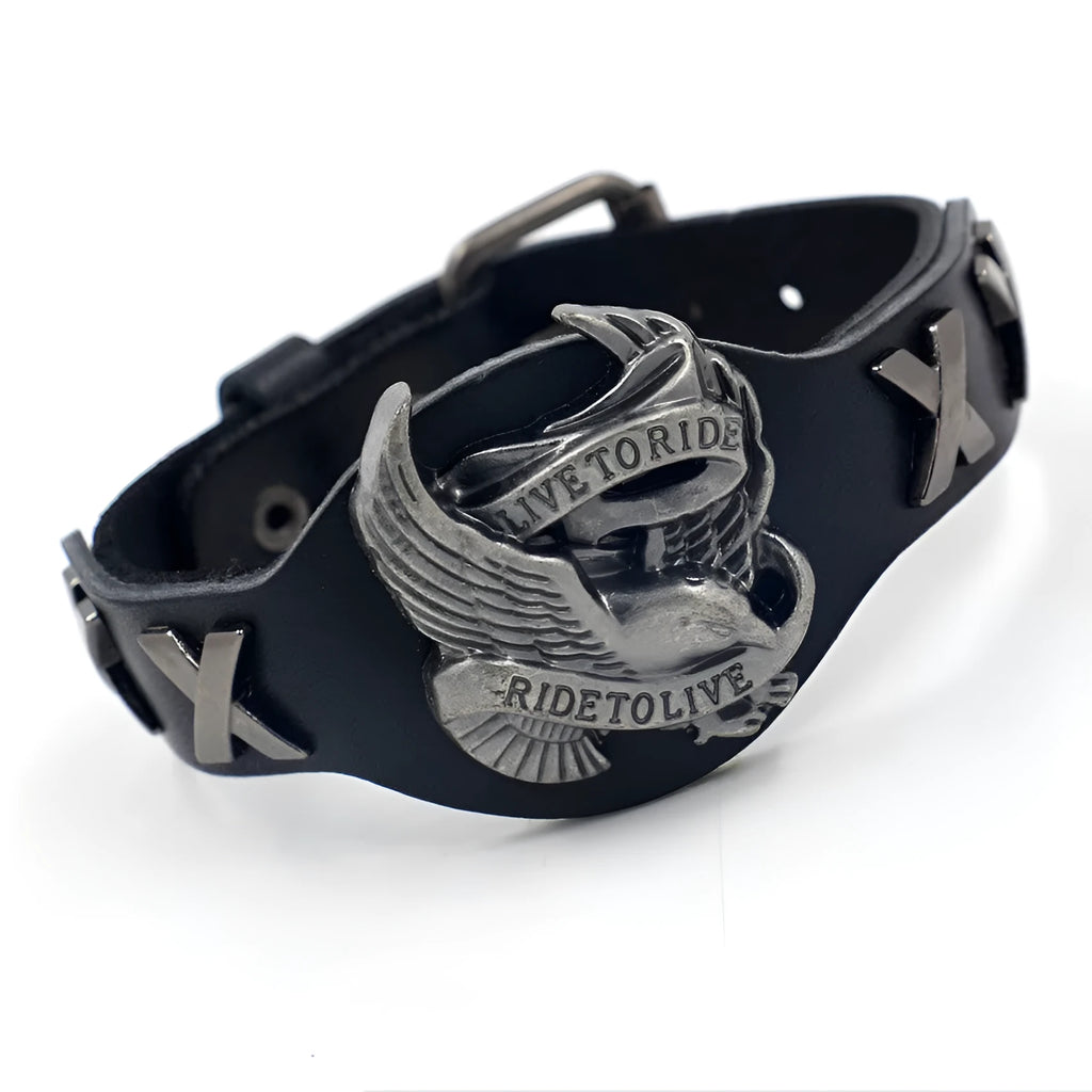 Black leather bracelet with alloy eagle watch-button closure, geometric design, 26cm length