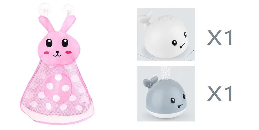Automatic water spray whale bath toy with colourful LED lights floating in baby bath