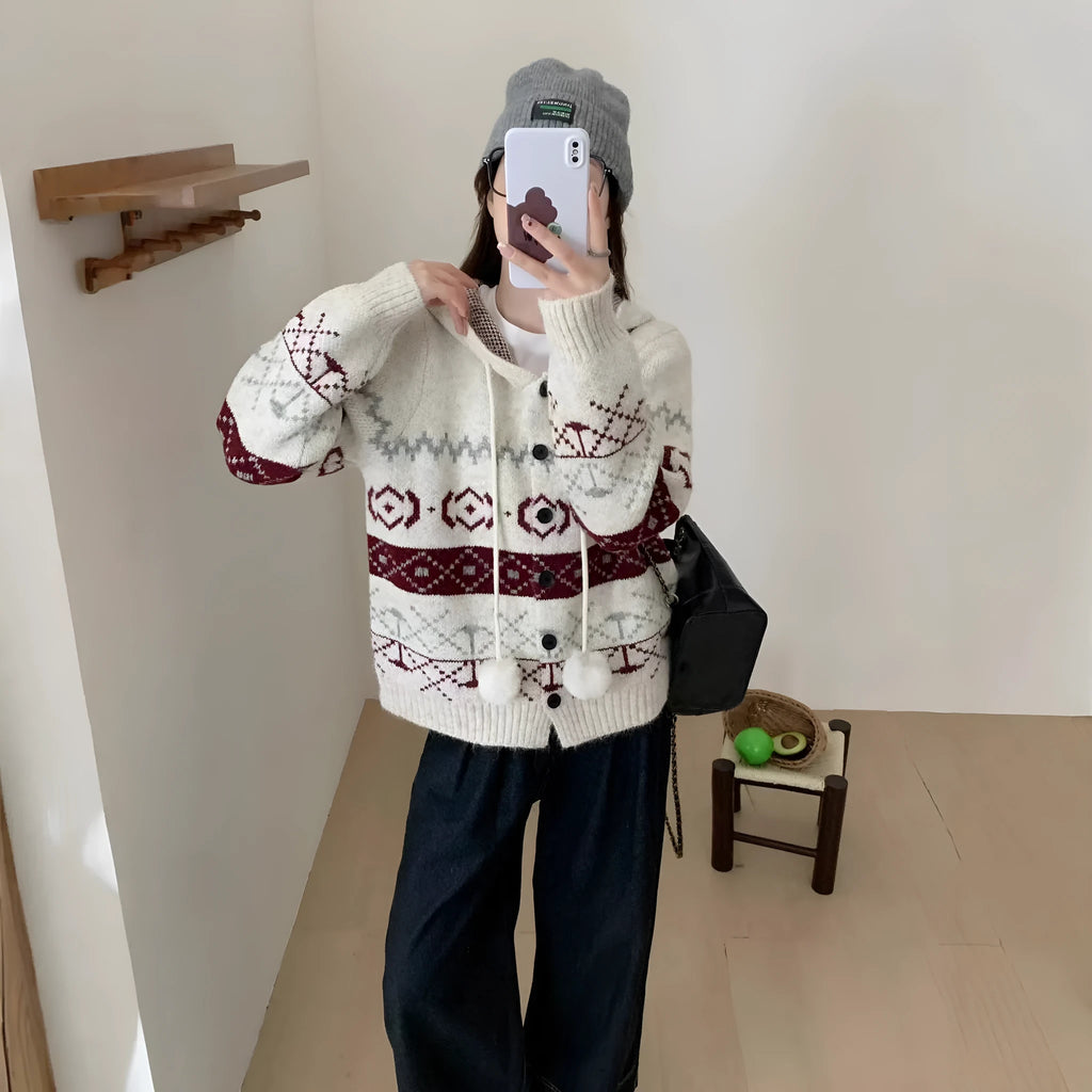 Geometric pattern brocade sweater coat in milky white colour with loose fit free size design