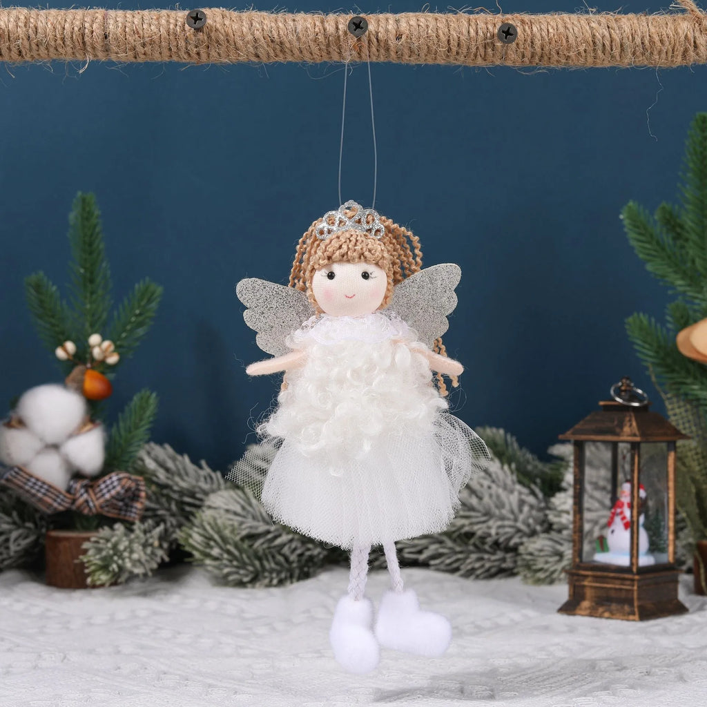 Christmas angel girl cloth pendant with high ponytail and crown in white pink or khaki