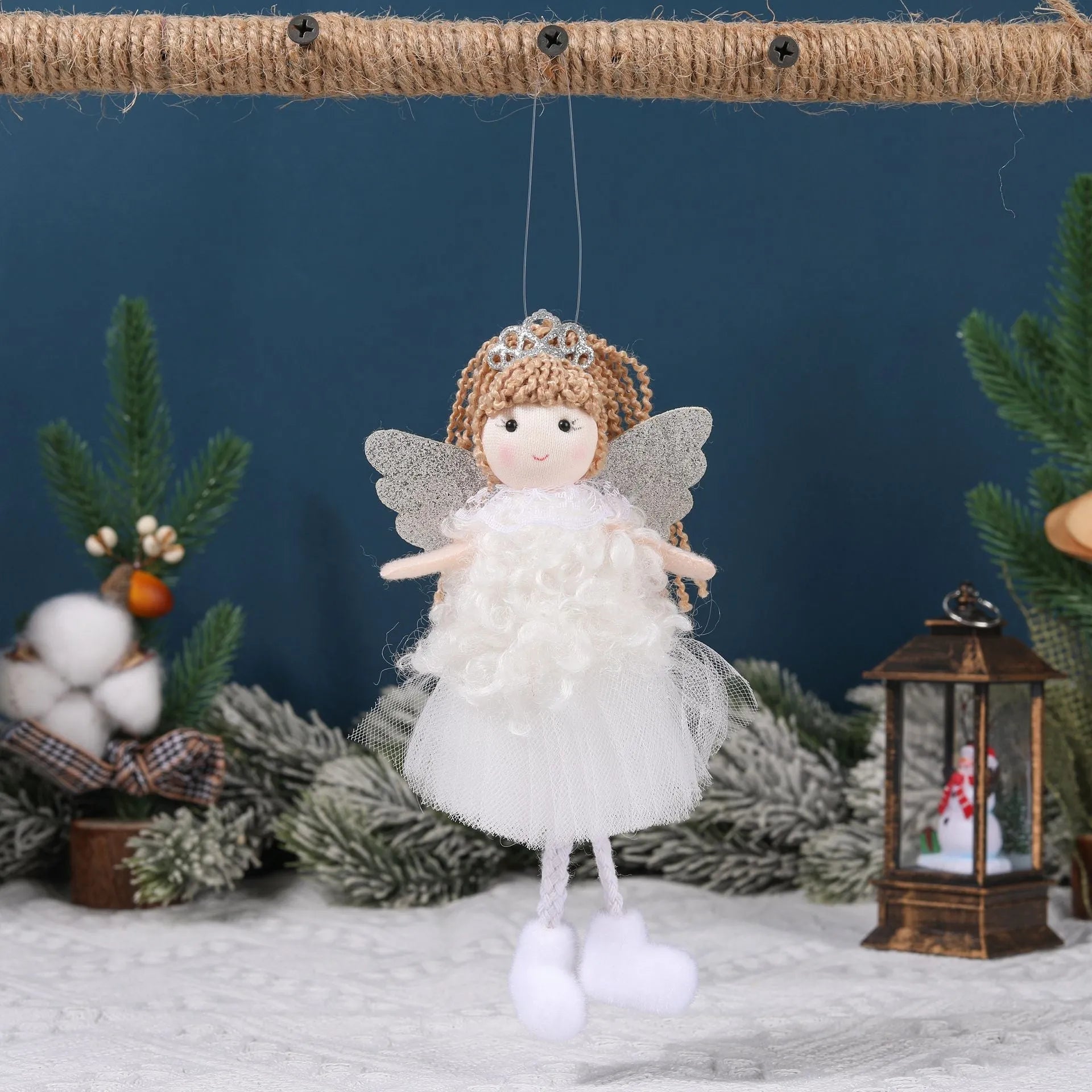 Christmas angel girl cloth pendant with high ponytail and crown in white pink or khaki