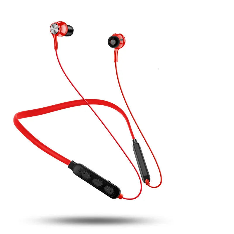 Neckband sports Bluetooth earphones in black, red or white colours showing ear tips and USB charging cable