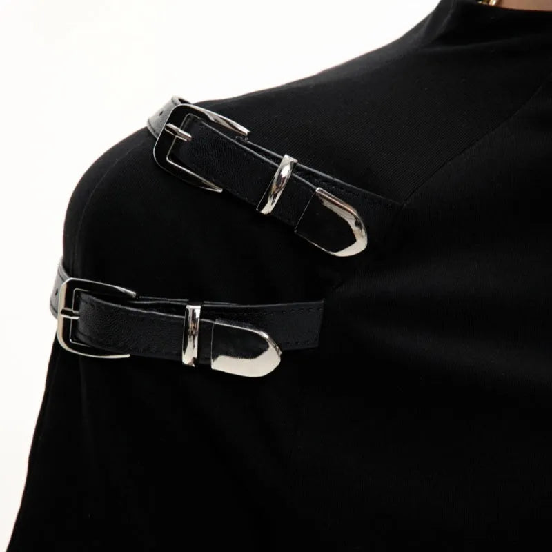 Men's black cotton short sleeve T-shirt with metal belt design and stand-up collar